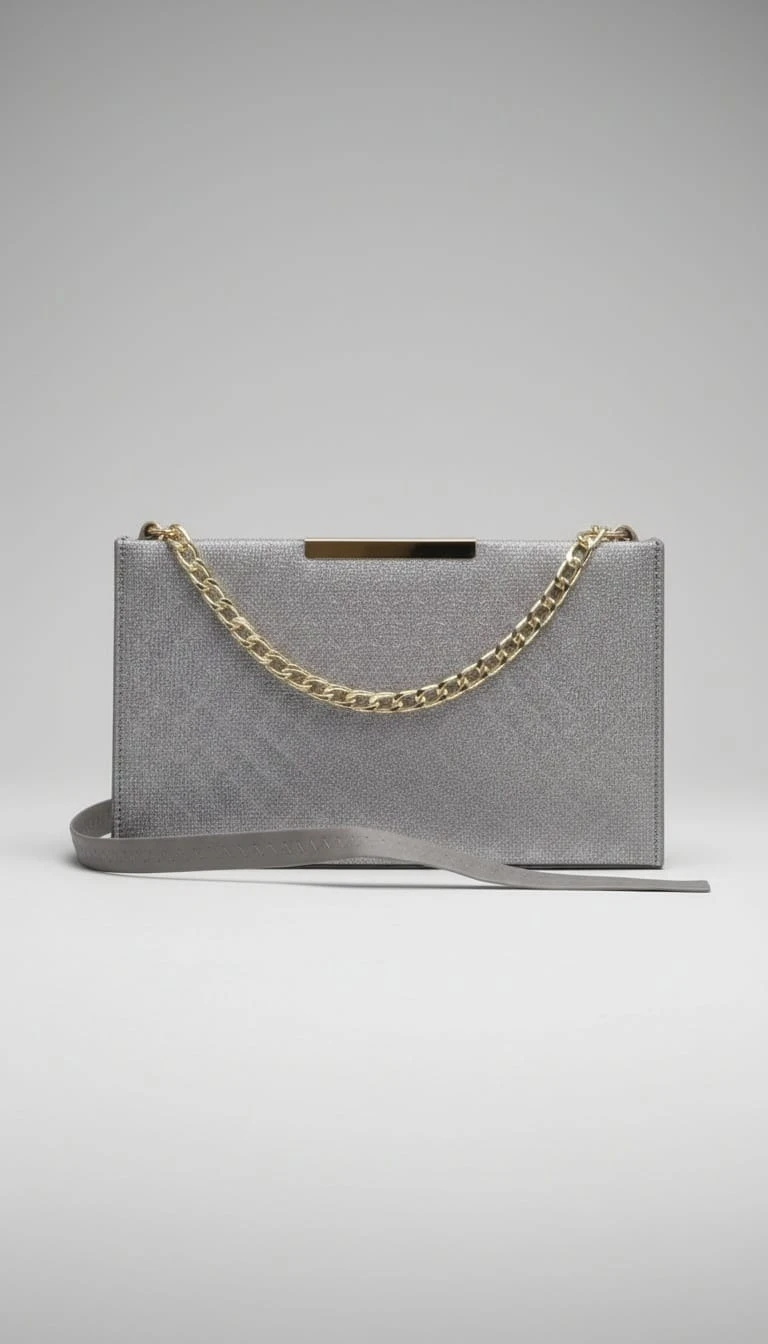 Premium Silver Textured Chain Clutch Bag for Women