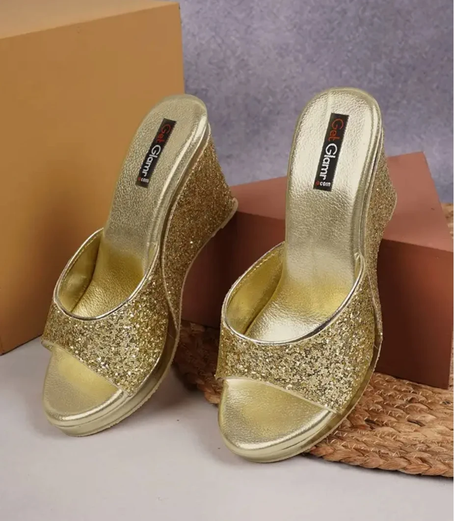 Gold Glitter Platform Wedge Slip-On Sandals