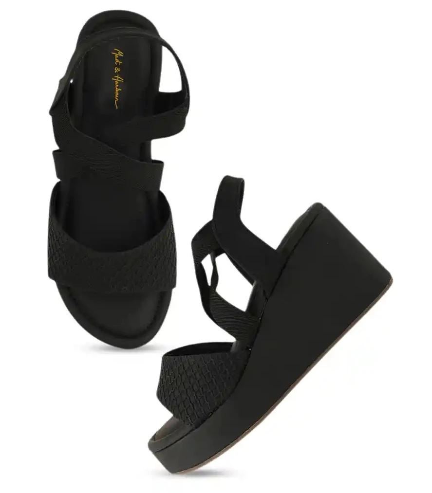 Women’s Black Textured Platform Wedge Sandals with Ankle Strap